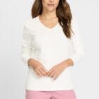 Olsen Edda Women's White Cotton Ribbed V-Neck Blouse