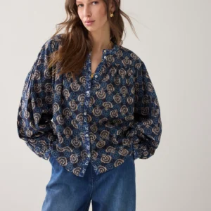 Summum Block Print Blouse With Bat Sleeves